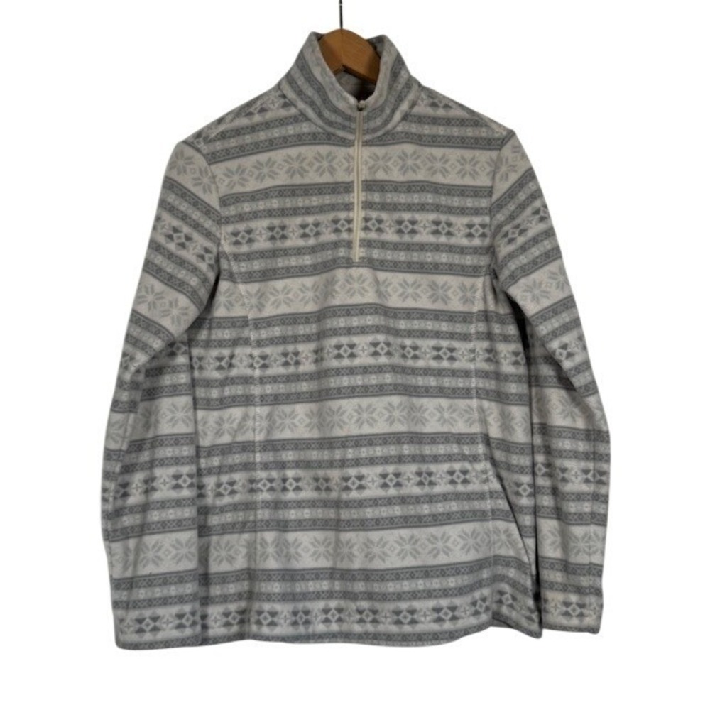 Lands‎ End Womens Fleece Pullover Sweatshirt Fair Isle Print Gray White Size S